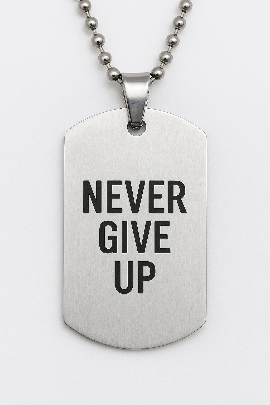 Tell your story or share your message with this personalized stainless steel military pendant.